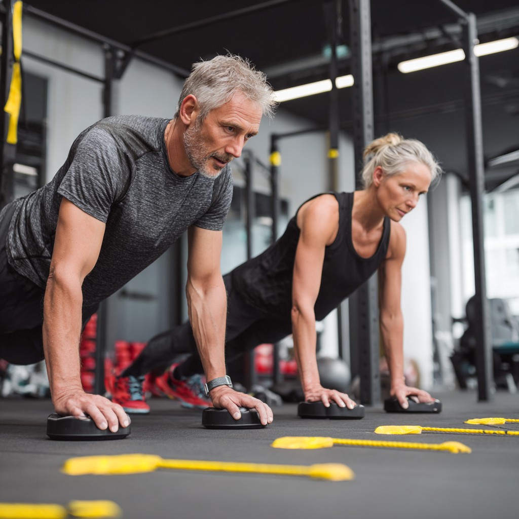 50 years old adults practicing functional training in modern fitness environment