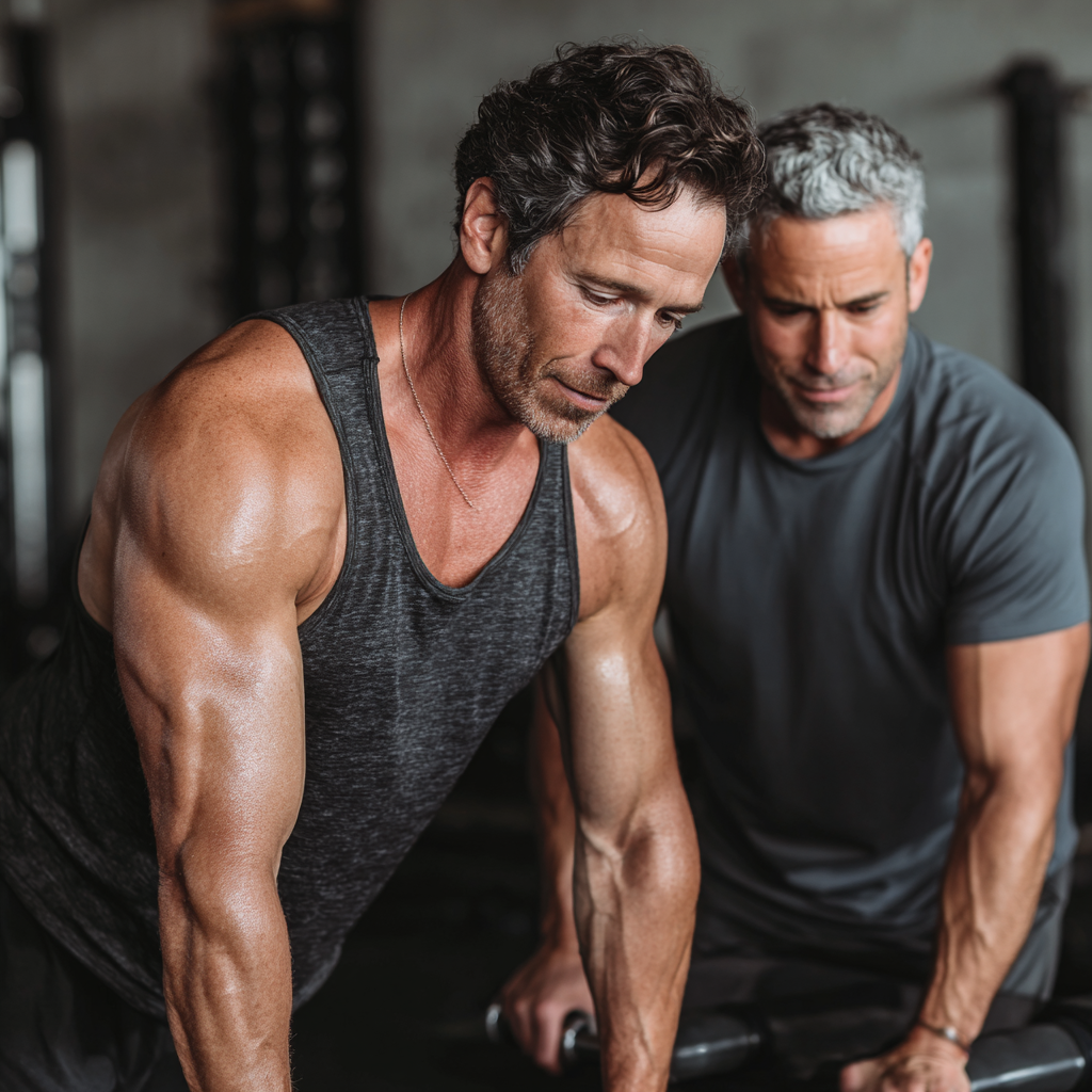 experienced 51 years old trainer working with 51 years old client in professional fitness setting