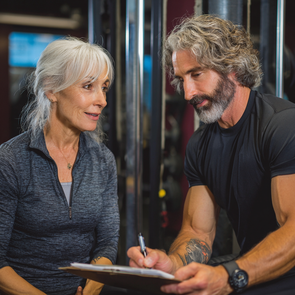professional 52 years old fitness consultants discussing personalized training program with 52 years old adult client